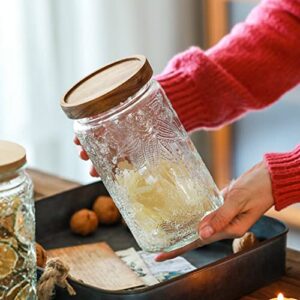 ANSQU Vintage Glass Storage Jar, 33.8 FL OZ Glass Canister Storage Jar Container with Airtight Wooden Lid for Kitchen Counter, Pantry, Coffee, Tea, Sugar, Cookie Jars(Round, Sunflower)