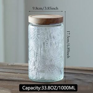 ANSQU Vintage Glass Storage Jar, 33.8 FL OZ Glass Canister Storage Jar Container with Airtight Wooden Lid for Kitchen Counter, Pantry, Coffee, Tea, Sugar, Cookie Jars(Round, Sunflower)