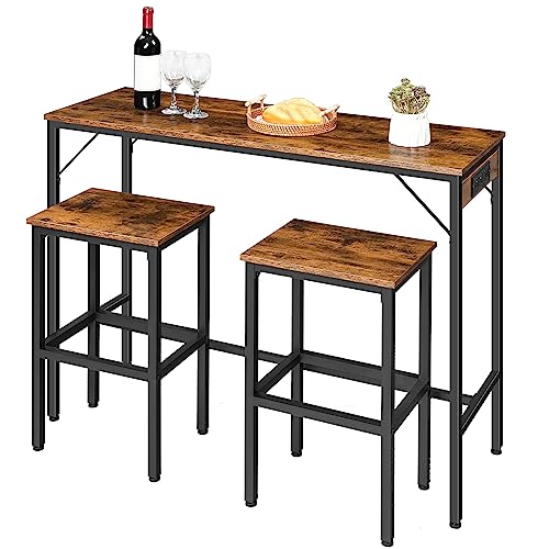 HOOBRO Bar Table Set with Power Outlet, 47.2“ Bar Table and Chairs Set, 3-Piece Pub Table Set, Kitchen Bar Height Table with Stools of 2, for Living Room, Dining Room, Rustic Brown and Black BF46UBT01