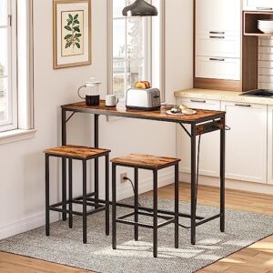 HOOBRO Bar Table Set with Power Outlet, 47.2“ Bar Table and Chairs Set, 3-Piece Pub Table Set, Kitchen Bar Height Table with Stools of 2, for Living Room, Dining Room, Rustic Brown and Black BF46UBT01