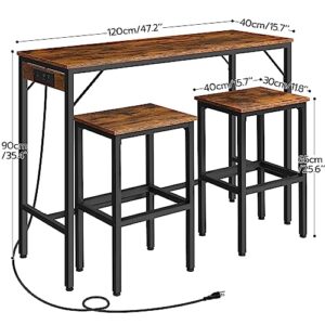 HOOBRO Bar Table Set with Power Outlet, 47.2“ Bar Table and Chairs Set, 3-Piece Pub Table Set, Kitchen Bar Height Table with Stools of 2, for Living Room, Dining Room, Rustic Brown and Black BF46UBT01