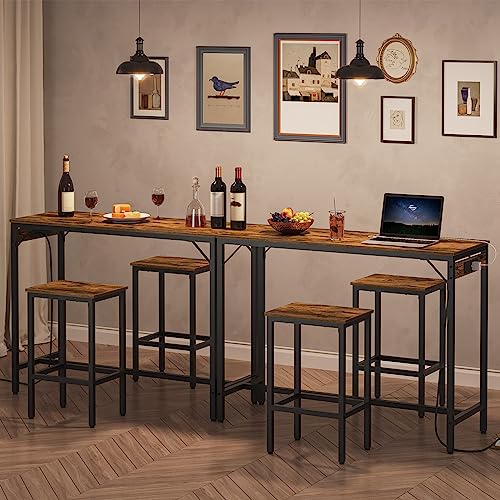 HOOBRO Bar Table Set with Power Outlet, 47.2“ Bar Table and Chairs Set, 3-Piece Pub Table Set, Kitchen Bar Height Table with Stools of 2, for Living Room, Dining Room, Rustic Brown and Black BF46UBT01