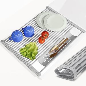 large dish drying rack for kitchen sink - over sink dish drying rack to dry dishes & drain items - modern & stylish dish rack set with extra side tray - space-saving roll-up counter drainboard - grey