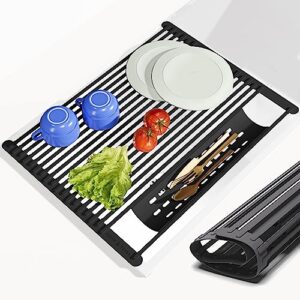 large dish drying rack for kitchen sink - over sink dish drying rack to dry dishes & drain items - modern & stylish dish rack set with extra side tray - space-saving roll-up counter drainboard - black