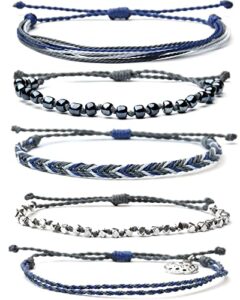 mezcla vida bohemian starfish charm silver zinc beaded waterproof rope surfing bracelets sets for women teen girls, beach handmade string jewelry (grey-blue)