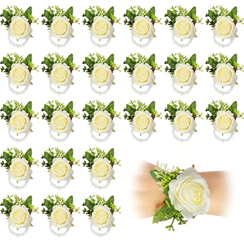 Sherr 24 Pcs Wedding Rose Wrist Corsage Wristlet Band for Bridal Bridesmaid Girls Women Flowers Bracelets Decor Wedding Artificial Flowers for Party Prom Wedding Homecoming (White)