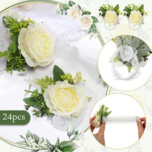 Sherr 24 Pcs Wedding Rose Wrist Corsage Wristlet Band for Bridal Bridesmaid Girls Women Flowers Bracelets Decor Wedding Artificial Flowers for Party Prom Wedding Homecoming (White)