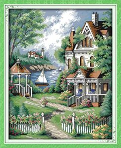 fanxvivy beginners cross stitch kits stamped full range of embroidery starter kits for beginners diy 11ct preprinted cross-stitch kit for adults needlepoint kits-garden bungalow 15.7x19.7 inch