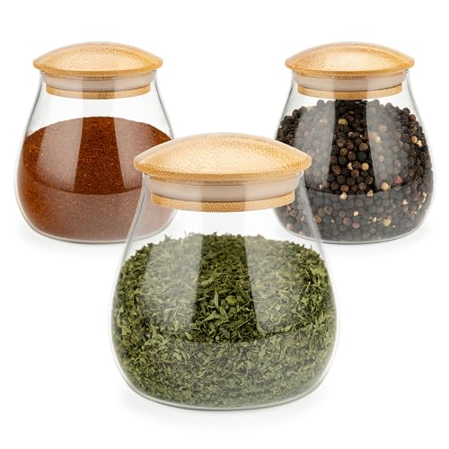 Set of 3 Small Glass Jars With Bamboo Lids - Modern Bamboo Glass Storage Containers for Coffee, Sugar, Candy, Rice, Pasta & More - Decorative 13 Ounce Borosilicate Glass Canisters With Airtight Lids