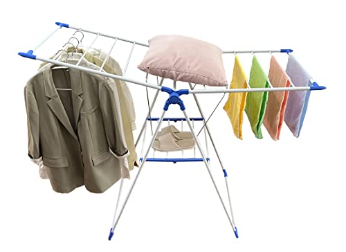 ichofun Clothes Drying Rack, Foldable 2-Tier Drying Racks for Laundry, Large Foldable Laundry Stand with Height-Adjustable Gullwings, for Clothes, Towels, Linens, Indoor/Outdoor, BlueWhite 50"