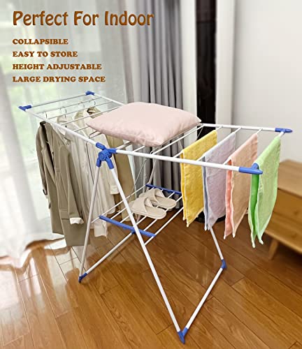 ichofun Clothes Drying Rack, Foldable 2-Tier Drying Racks for Laundry, Large Foldable Laundry Stand with Height-Adjustable Gullwings, for Clothes, Towels, Linens, Indoor/Outdoor, BlueWhite 50"