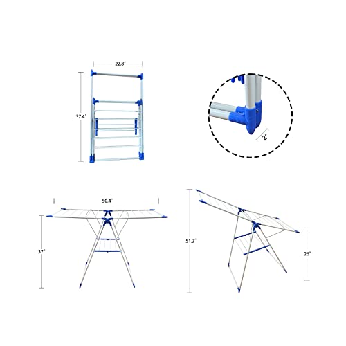 ichofun Clothes Drying Rack, Foldable 2-Tier Drying Racks for Laundry, Large Foldable Laundry Stand with Height-Adjustable Gullwings, for Clothes, Towels, Linens, Indoor/Outdoor, BlueWhite 50"