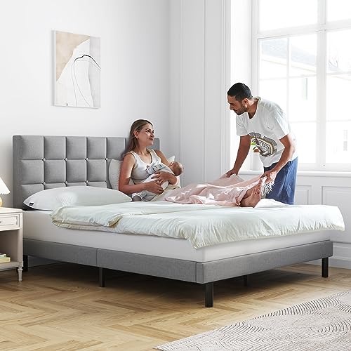 Molblly Queen Bed Frame Upholstered Platform with Headboard and Strong Wooden Slats,Non-Slip and Noise-Free,No Box Spring Needed, Easy Assembly,Light Gray