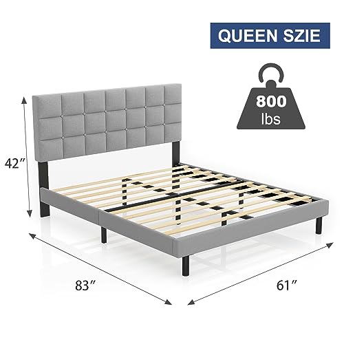 Molblly Queen Bed Frame Upholstered Platform with Headboard and Strong Wooden Slats,Non-Slip and Noise-Free,No Box Spring Needed, Easy Assembly,Light Gray