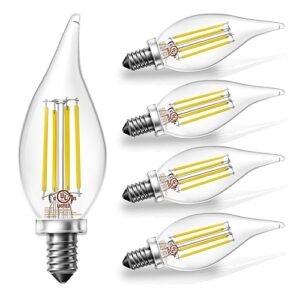 daybetter e12 candelabra light bulbs 60 watt equivalent, dimmable led light bulb daylight white 5000k, clear filament chandelier light bulbs 5.5w 600lm ca11 led bulbs, ceiling fan light bulbs, 5 pack