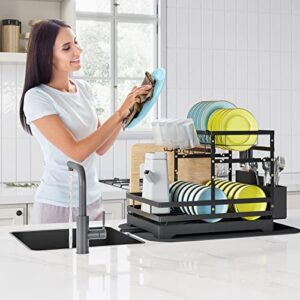 BBXTYLY Large Dish Drying Rack, 2 Tier Collapsible Dish Racks with Drainboard，Drainage, Wine Glass Holder, Utensil Holder and Extra Drying Mat, Dish Drainers for Kitchen Counter (Black)