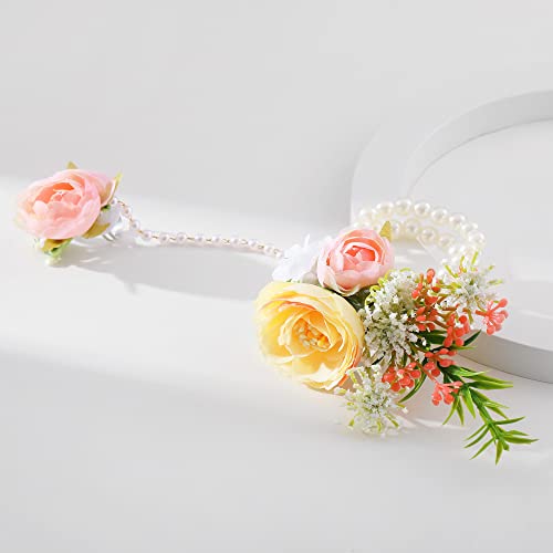 Yumikoo Rose Flower Wrist Corsage Bracelets - Prom Wedding Handmade Pearl Colorful Corsage for Women