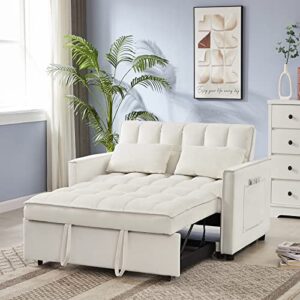 velvet pull out sleeper sofa bed, convertible futon couch bed with adjustable backrests, 3 in 1 modern loveseat with 2 pockets and pillows, small love seat for living room, guest room, off white