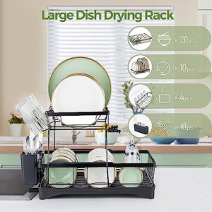 Dish Drying Rack, Dish Rack for Kitchen Counter, Over Sink Dish Drying Rack with Drain Board, 2-Tier Large Capacity Dish Drainer Organizer Shelf with Utensil Holder, Wine Glass Holder - Black