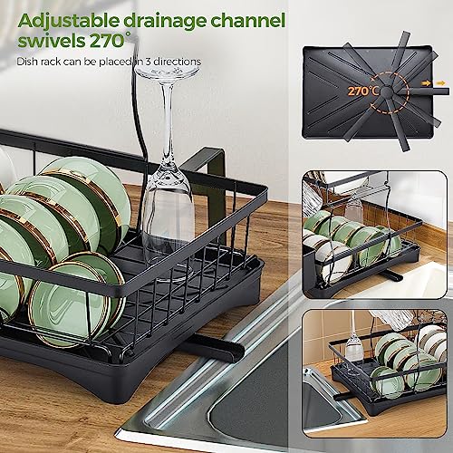 Dish Drying Rack, Dish Rack for Kitchen Counter, Over Sink Dish Drying Rack with Drain Board, 2-Tier Large Capacity Dish Drainer Organizer Shelf with Utensil Holder, Wine Glass Holder - Black