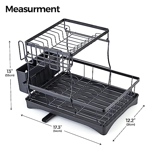 Dish Drying Rack, Dish Rack for Kitchen Counter, Over Sink Dish Drying Rack with Drain Board, 2-Tier Large Capacity Dish Drainer Organizer Shelf with Utensil Holder, Wine Glass Holder - Black