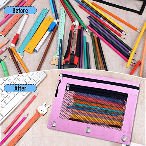 Pencil Pouch for 3 Ring Binder, 2 PCS Double Layer Binder Pencil Case with Zipper Puller, Transparent PVC Mesh Window Oxford Pencil Holder 3 Ring Binder Pencil Cases, Smooth Metal Zipper Pencil Pouches Set for School& Office Supplies