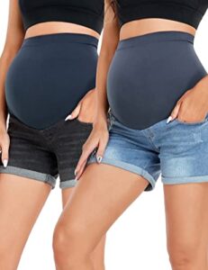 hofish women's over the belly maternity shorts support pregnancy shorts breathable jeans shorts lightblue+black l