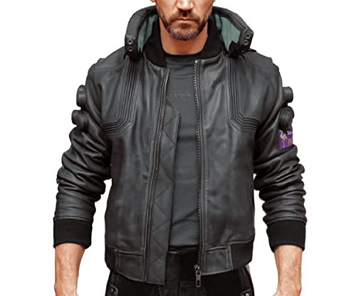 DRIPFLEX Charcoal Black Cyberpunk 2077 Ultimate Gaming Samurai Motorcycle Real Leather Bomber Cosplay Jacket Costume