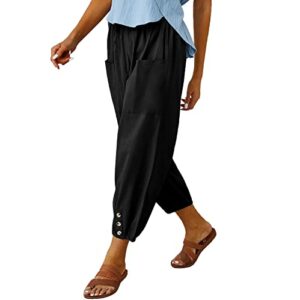 Women's High Waist Pants Drawstring Capri Pants with Pockets Wide Leg Cropped Pants for Women Black Large