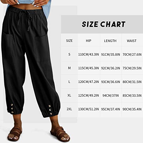 Women's High Waist Pants Drawstring Capri Pants with Pockets Wide Leg Cropped Pants for Women Black Large