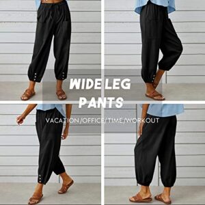 Women's High Waist Pants Drawstring Capri Pants with Pockets Wide Leg Cropped Pants for Women Black Large