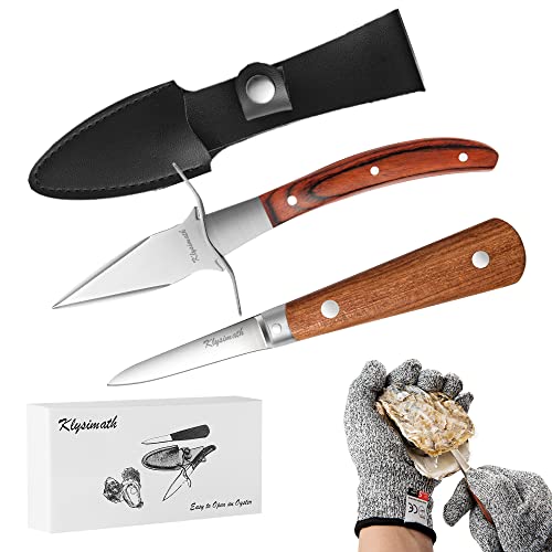 Klysimath Oyster Shucking Knife, 2 Oyster Knives Set with Level 5 Protection Glove, Oyster Shucker with Premium Wood-handle, Oyster Knives for Seafood(2 Knives+1 Glove)