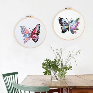 HaiMay 4 Sets Embroidery Starter Kit with Pattern and Instructions, Cross Stitch Kit Include 4 Embroidery Clothes with Butterfly Pattern, 4 Bamboo Embroidery Hoops, Color Threads and Tools