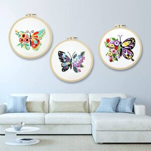 HaiMay 4 Sets Embroidery Starter Kit with Pattern and Instructions, Cross Stitch Kit Include 4 Embroidery Clothes with Butterfly Pattern, 4 Bamboo Embroidery Hoops, Color Threads and Tools