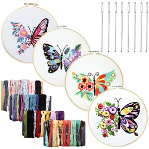 haimay 4 sets embroidery starter kit with pattern and instructions, cross stitch kit include 4 embroidery clothes with butterfly pattern, 4 bamboo embroidery hoops, color threads and tools