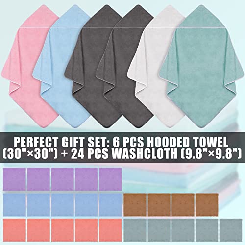 30 Pcs Baby Bath Towels Set Include 6 Baby Hooded Towels 30 x 30 Inch and 24 Baby Washcloths 9.5 x 9.5 Inch Coral Fleece Baby Bath Towels Absorbent Soft Washcloths for Baby Toddler Infant Shower Gift