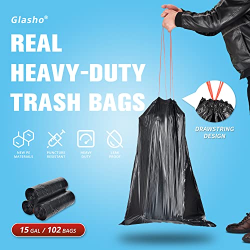 Ultra Strong 15 Gallon Drawstring Trash Bags (102 Count) Large Heavy Duty Thicken Plastic Tall Kitchen Garbage Bags Black for Kitchen Office Lawn Yard by Glasho