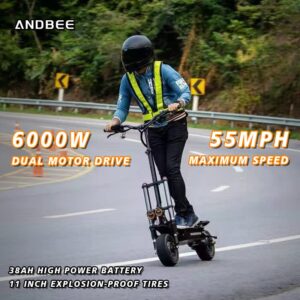 ANDBEE Electric Scooter 6000W High Power Dual Drive Motor,Top Speed 55 MPH,60V38AH Long Range Battery Up to 65 Miles 11'' Off-Road Tires Adult Electric Scooter with Detachable Seat,black,(AB1)
