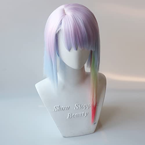 HUNIGIR Lucy Cosplay Wig Rainbow Anime Wig Women Stylish Colorful Bob Wig with Bangs for Girls Costume Wig Synthetic Hair Wig With Wig Cap (Rainbow)