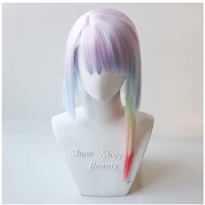 HUNIGIR Lucy Cosplay Wig Rainbow Anime Wig Women Stylish Colorful Bob Wig with Bangs for Girls Costume Wig Synthetic Hair Wig With Wig Cap (Rainbow)