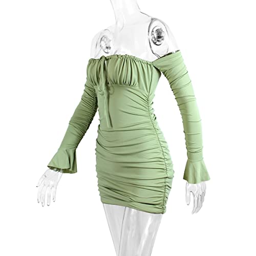 4UFIT Women's Sexy Long Sleeve Off Shoulder Ruched Party Mini Dress Green
