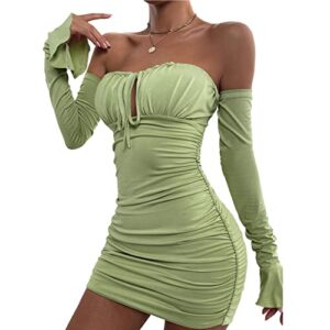 4ufit women's sexy long sleeve off shoulder ruched party mini dress green