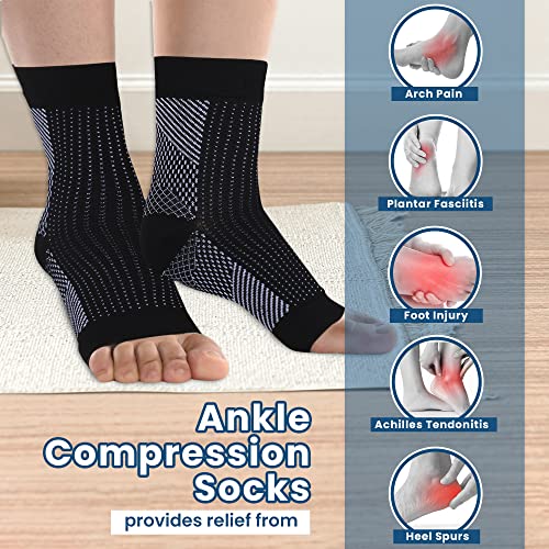 Define Essentials Compression Plantar Fasciitis Socks Ankle Compression Sleeve Heels Arch Supports & Heel Pain Relief Ankle Supports for Men and Women (White, Large-XLarge)