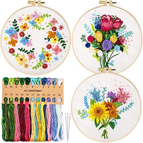 TEASIK Embroidery Kit for Beginners, 3 Sets Embroidery Kit for Art Craft Handy Sewing Include Embroidery Clothes with Pattern,Embroidery Hoops, Instructions,Color Threads Needle Kit