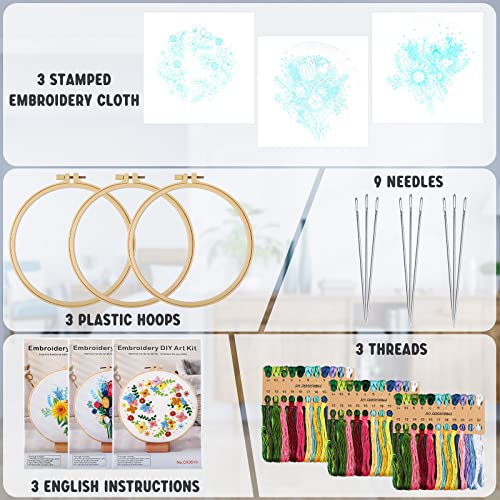 TEASIK Embroidery Kit for Beginners, 3 Sets Embroidery Kit for Art Craft Handy Sewing Include Embroidery Clothes with Pattern,Embroidery Hoops, Instructions,Color Threads Needle Kit