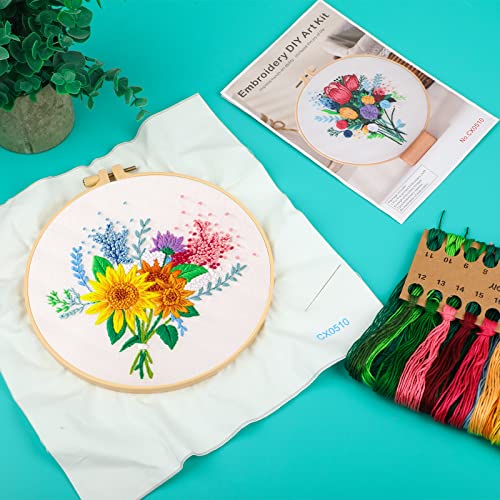 TEASIK Embroidery Kit for Beginners, 3 Sets Embroidery Kit for Art Craft Handy Sewing Include Embroidery Clothes with Pattern,Embroidery Hoops, Instructions,Color Threads Needle Kit