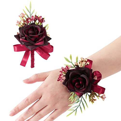 Spirit Up Art 2 Pack Burgundy Wrist Corsage and Boutonniere Set for Groom Bride Groomsmen Bridesmaids Artificial Rose Wristlet Flower Men Boutonnieres for Wedding Party Prom Suit Decorations