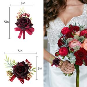 Spirit Up Art 2 Pack Burgundy Wrist Corsage and Boutonniere Set for Groom Bride Groomsmen Bridesmaids Artificial Rose Wristlet Flower Men Boutonnieres for Wedding Party Prom Suit Decorations