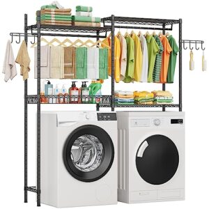 lehom clothes drying rack,over the washer and dryer storage shelf,over dryer towel racks bathroom space saving 2 tiers adjustable height standing shelving units with wire basket side hook-carbon steel