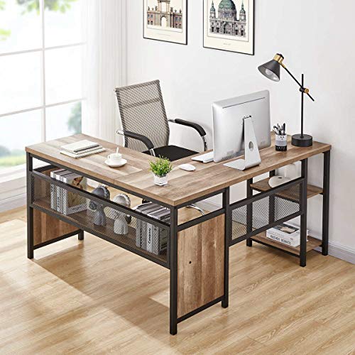 FATORRI L Shaped Computer Desk and Industrial Bookshelf for Home Office (Rustic Oak)